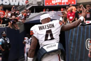 CHICAGO, ILLINOIS - AUGUST 15: Deshaun Watson #4 of the Cleveland Browns heads down the tunnel after a preseason game against the Chicago Bears at Soldier Field on August 15, 2026 in Chicago, Illinois.
