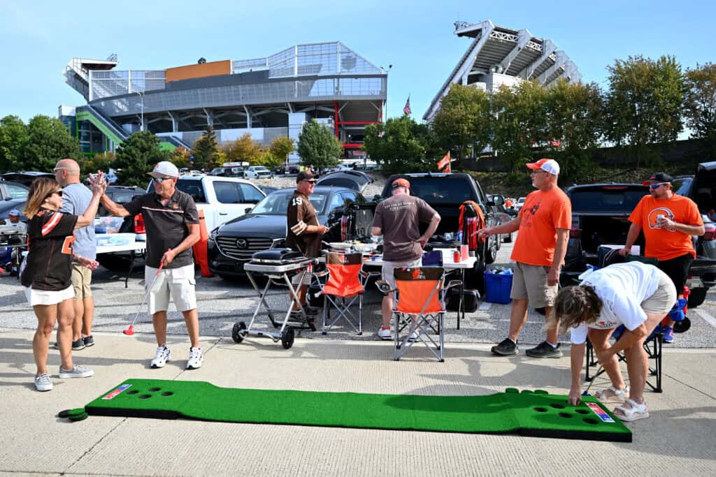 CLEVELAND, OHIO - SEPTEMBER 21: Fans tailgate before the game between the Cleveland Browns and the Green Bay Packers at Huntington Bank Field on September 21, 2025 in Cleveland, Ohio.