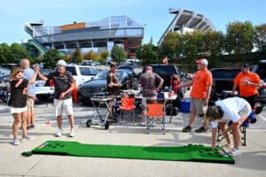 CLEVELAND, OHIO - SEPTEMBER 21: Fans tailgate before the game between the Cleveland Browns and the Green Bay Packers at Huntington Bank Field on September 21, 2025 in Cleveland, Ohio.