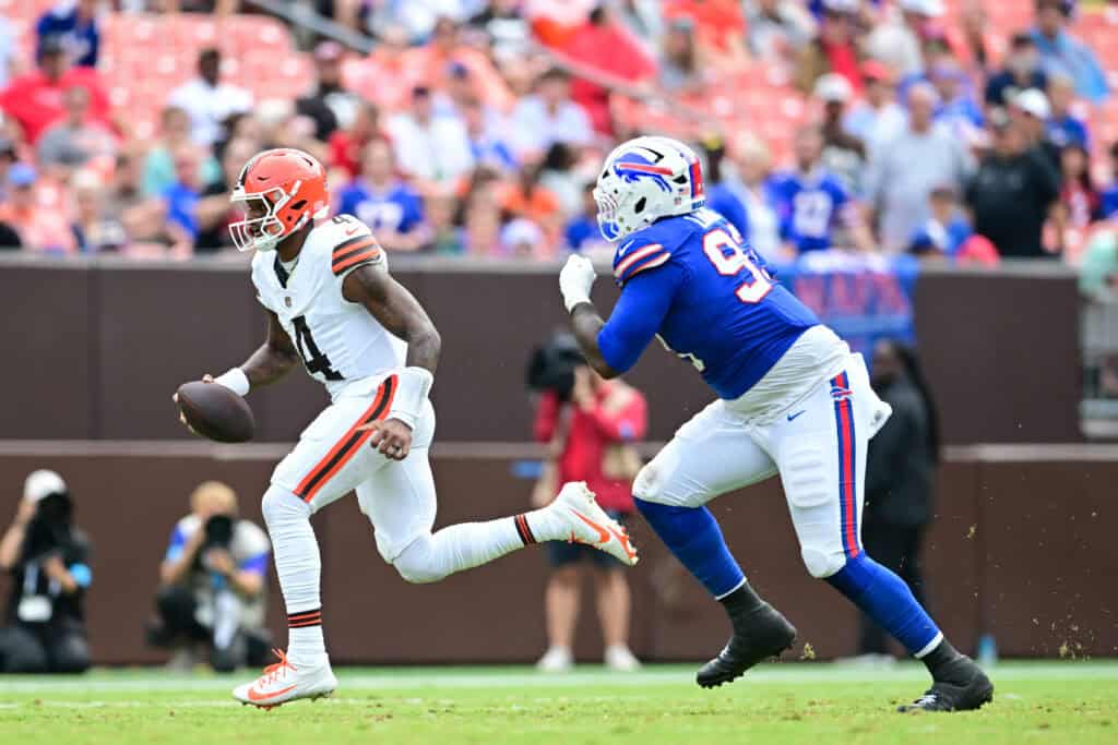 CLEVELAND, OHIO - AUGUST 22: Deshaun Watson #4 of the Cleveland Browns carries the ball during the third quarter of a preseason game against the Buffalo Bills at Huntington Bank Field on August 22, 2026 in Cleveland, Ohio.