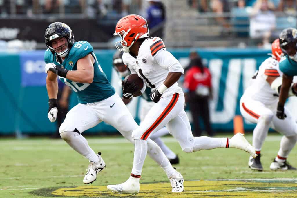 JACKSONVILLE, FLORIDA - SEPTEMBER 13: Kc Concepcion #1 of the Cleveland Browns runs the ball against the Jacksonville Jaguars during the fourth quarter of the game at EverBank Stadium on September 13, 2026 in Jacksonville, Florida.