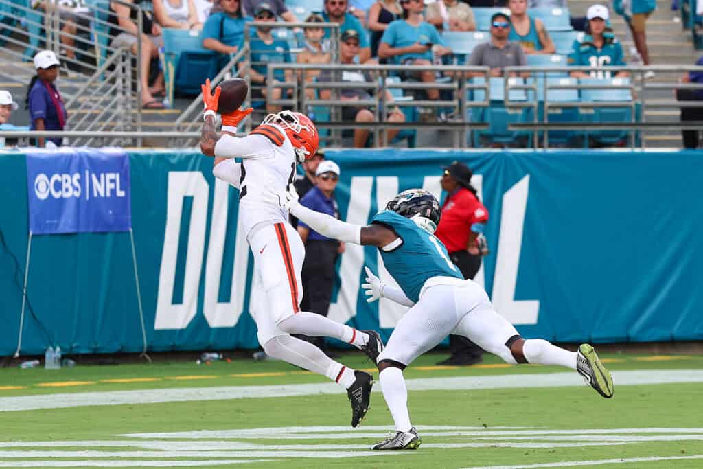 JACKSONVILLE, FLORIDA - SEPTEMBER 13: Denzel Boston #12 of the Cleveland Browns scores a touchdown against the Jacksonville Jaguars during the fourth quarter of the game at EverBank Stadium on September 13, 2026 in Jacksonville, Florida.