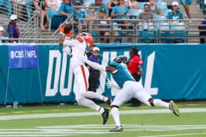 JACKSONVILLE, FLORIDA - SEPTEMBER 13: Denzel Boston #12 of the Cleveland Browns scores a touchdown against the Jacksonville Jaguars during the fourth quarter of the game at EverBank Stadium on September 13, 2026 in Jacksonville, Florida.