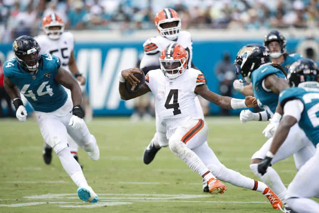 JACKSONVILLE, FLORIDA - SEPTEMBER 13: Deshaun Watson #4 of the Cleveland Browns runs with the ball against the Jacksonville Jaguars during the second quarter of the game at EverBank Stadium on September 13, 2026 in Jacksonville, Florida.