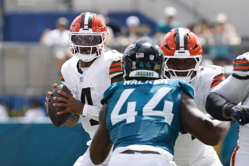 JACKSONVILLE, FLORIDA - SEPTEMBER 13: Deshaun Watson #4 of the Cleveland Browns throws a pass against the Jacksonville Jaguars during the third quarter of the game at EverBank Stadium on September 13, 2026 in Jacksonville, Florida.