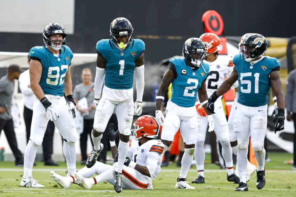 JACKSONVILLE, FLORIDA - SEPTEMBER 13: Montaric Brown #1 of the Jacksonville Jaguars reacts after a tackle against Kc Concepcion #1 of the Cleveland Browns during the fourth quarter of the game at EverBank Stadium on September 13, 2026 in Jacksonville, Florida.