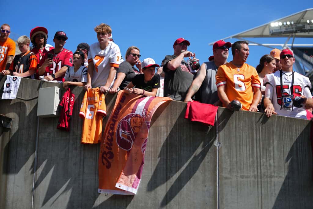 CINCINNATI, OHIO - SEPTEMBER 13: Tampa Bay Buccaneers fans look on prior to an NFL game against the Cincinnati Bengals at Paycor Stadium on September 13, 2026 in Cincinnati, Ohio.