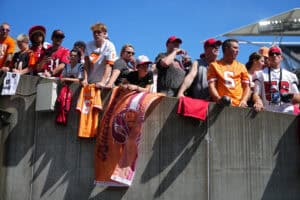 CINCINNATI, OHIO - SEPTEMBER 13: Tampa Bay Buccaneers fans look on prior to an NFL game against the Cincinnati Bengals at Paycor Stadium on September 13, 2026 in Cincinnati, Ohio.