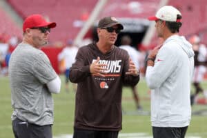 TAMPA, FLORIDA - SEPTEMBER 20: Head Coach Todd Monken of the Cleveland Browns reacts during warm ups prior to the game against the Tampa Bay Buccaneers at Raymond James Stadium on September 20, 2026 in Tampa, Florida.