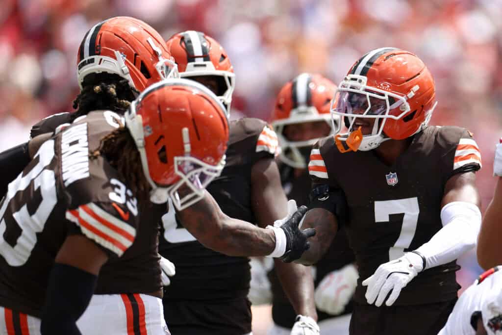 TAMPA, FLORIDA - SEPTEMBER 20: Tyson Campbell #7 of the Cleveland Browns celebrates a tackle against the Tampa Bay Buccaneers during the first quarter of the game at Raymond James Stadium on September 20, 2026 in Tampa, Florida.