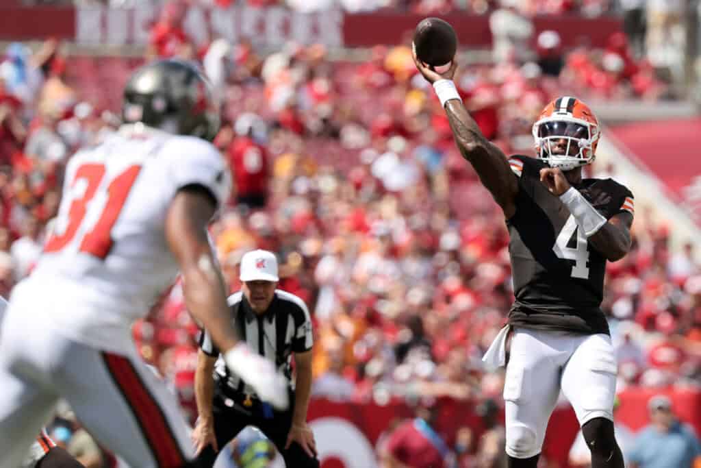 TAMPA, FLORIDA - SEPTEMBER 20: Deshaun Watson #4 of the Cleveland Browns passes the ball against the Tampa Bay Buccaneers during the third quarter of the game at Raymond James Stadium on September 20, 2026 in Tampa, Florida.