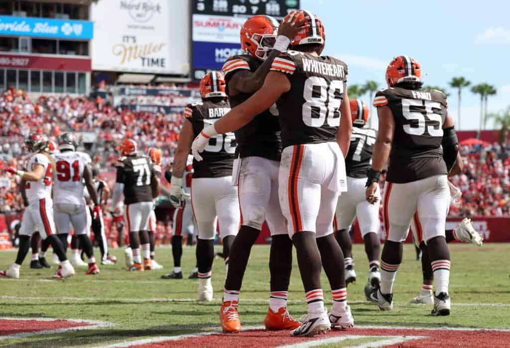 TAMPA, FLORIDA - SEPTEMBER 20: Blake Whiteheart #86 of the Cleveland Browns celebrates scoring touchdown during the fourth quarter of the game against the Tampa Bay Buccaneers at Raymond James Stadium on September 20, 2026 in Tampa, Florida.