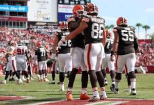 TAMPA, FLORIDA - SEPTEMBER 20: Blake Whiteheart #86 of the Cleveland Browns celebrates scoring touchdown during the fourth quarter of the game against the Tampa Bay Buccaneers at Raymond James Stadium on September 20, 2026 in Tampa, Florida.