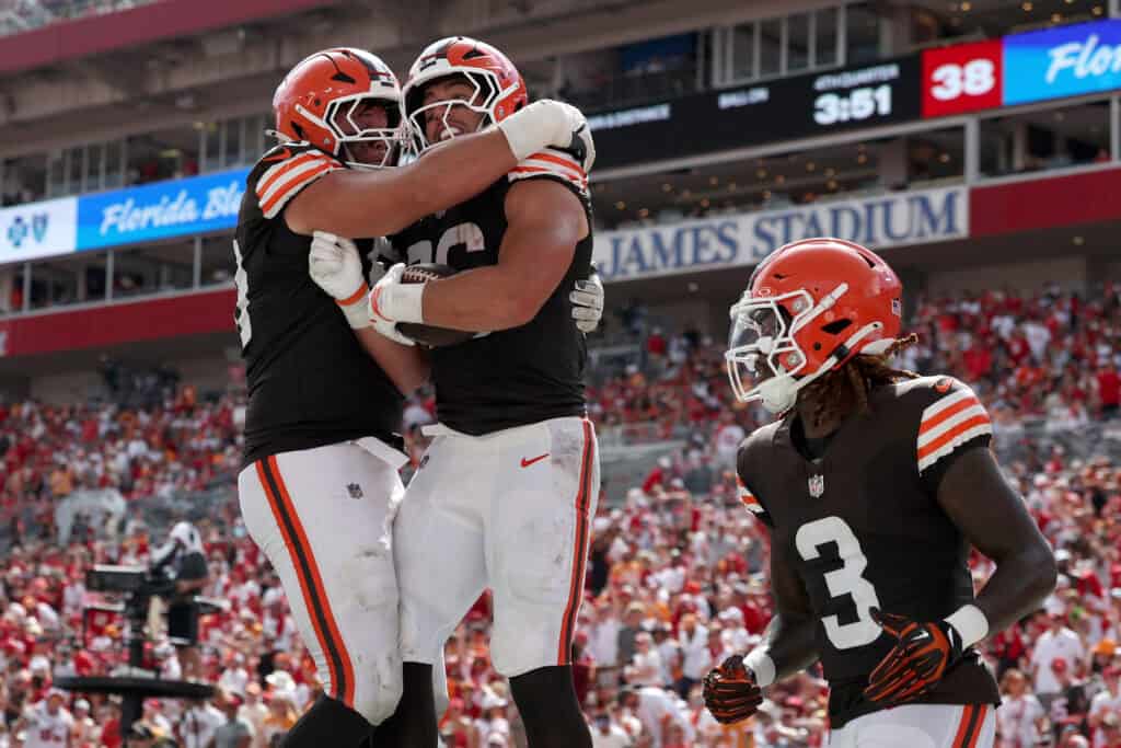 TAMPA, FLORIDA - SEPTEMBER 20: Blake Whiteheart #86 of the Cleveland Browns celebrates scoring touchdown during the fourth quarter of the game against the Tampa Bay Buccaneers at Raymond James Stadium on September 20, 2026 in Tampa, Florida.