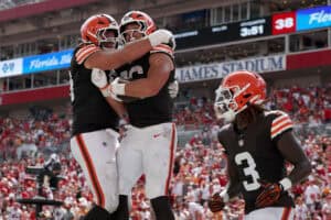 TAMPA, FLORIDA - SEPTEMBER 20: Blake Whiteheart #86 of the Cleveland Browns celebrates scoring touchdown during the fourth quarter of the game against the Tampa Bay Buccaneers at Raymond James Stadium on September 20, 2026 in Tampa, Florida.