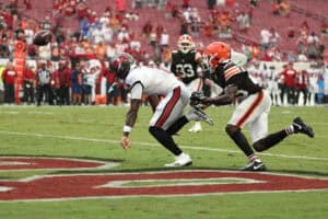 TAMPA, FLORIDA - SEPTEMBER 20: Emeka Egbuka #2 of the Tampa Bay Buccaneers misses a catch in the end zone against the Cleveland Browns during the fourth quarter of the game at Raymond James Stadium on September 20, 2026 in Tampa, Florida.
