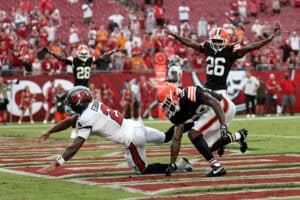 TAMPA, FLORIDA - SEPTEMBER 20: Emeka Egbuka #2 of the Tampa Bay Buccaneers misses a catch in the end zone against the Cleveland Browns during the fourth quarter of the game at Raymond James Stadium on September 20, 2026 in Tampa, Florida.