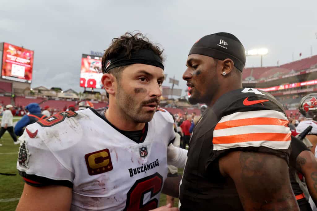 TAMPA, FLORIDA - SEPTEMBER 20: Baker Mayfield #6 of the Tampa Bay Buccaneers congratulates Deshaun Watson #4 of the Cleveland Browns after the game at Raymond James Stadium on September 20, 2026 in Tampa, Florida.