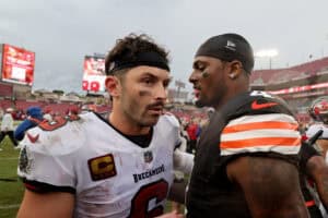 TAMPA, FLORIDA - SEPTEMBER 20: Baker Mayfield #6 of the Tampa Bay Buccaneers congratulates Deshaun Watson #4 of the Cleveland Browns after the game at Raymond James Stadium on September 20, 2026 in Tampa, Florida.