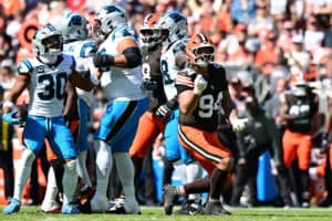CLEVELAND, OHIO - SEPTEMBER 27: Mason Graham #94 of the Cleveland Browns celebrates a tackle against the Carolina Panthers during the first quarter at Huntington Bank Field on September 27, 2026 in Cleveland, Ohio.