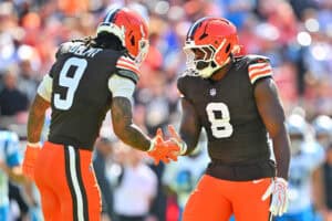 CLEVELAND, OHIO - SEPTEMBER 27: Jared Verse #8 and Grant Delpit #9 of the Cleveland Browns celebrate a stop against the Carolina Panthers during the first quarter at Huntington Bank Field on September 27, 2026 in Cleveland, Ohio.