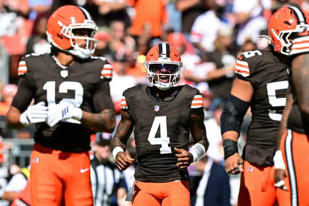 CLEVELAND, OHIO - SEPTEMBER 27: Deshaun Watson #4 of the Cleveland Browns celebrates celebrates a first down against the Carolina Panthers during the first quarter at Huntington Bank Field on September 27, 2026 in Cleveland, Ohio.