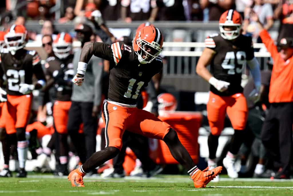 CLEVELAND, OHIO - SEPTEMBER 27: Malachi Corley #11 of the Cleveland Browns celebrates a stop against the Carolina Panthers during the first quarter at Huntington Bank Field on September 27, 2026 in Cleveland, Ohio.