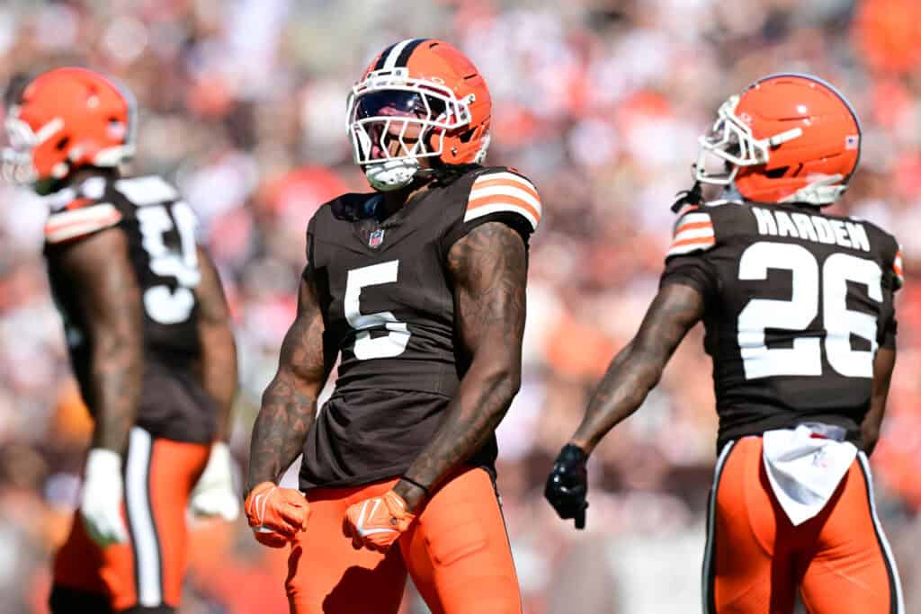CLEVELAND, OHIO - SEPTEMBER 27: Quincy Williams #5 of the Cleveland Browns celebrates a tackle against the Carolina Panthers during the second quarter at Huntington Bank Field on September 27, 2026 in Cleveland, Ohio.