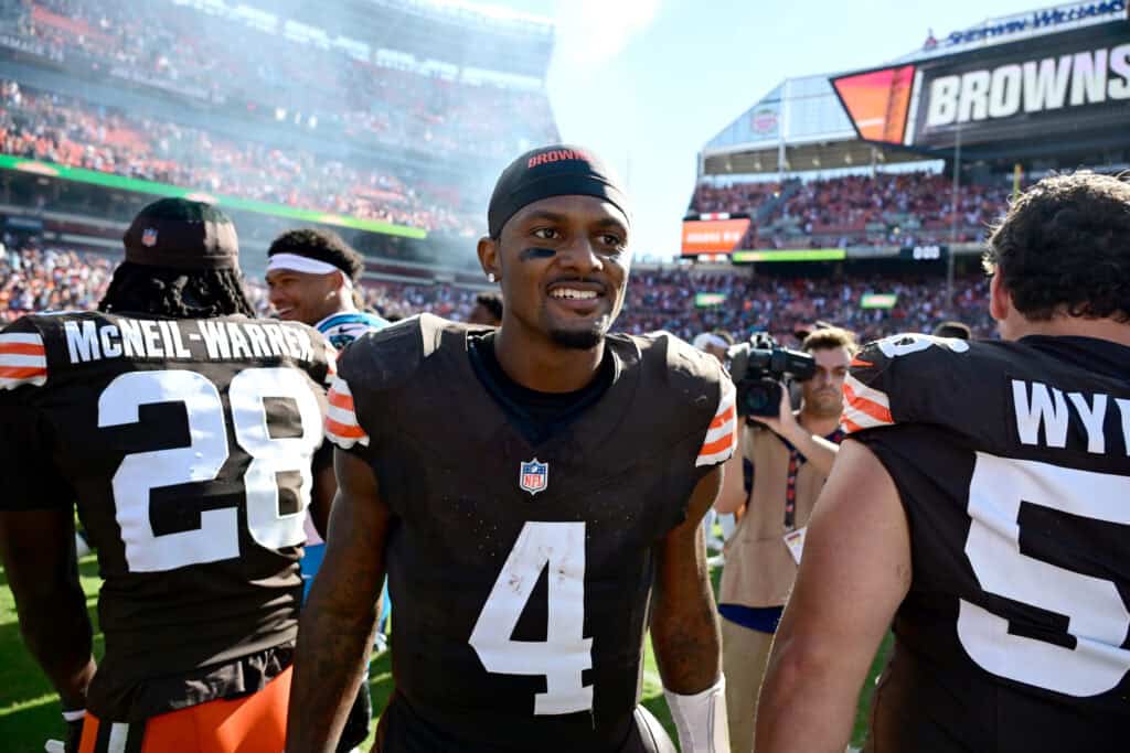 CLEVELAND, OHIO - SEPTEMBER 27: Deshaun Watson #4 of the Cleveland Browns celebrates the 21-18 win Carolina Panthers at Huntington Bank Field on September 27, 2026 in Cleveland, Ohio.