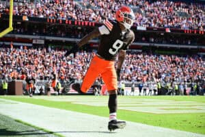 CLEVELAND, OHIO - SEPTEMBER 27: Grant Delpit #9 of the Cleveland Browns celebrates a turnover on downs against the Carolina Panthers during the fourth quarter at Huntington Bank Field on September 27, 2026 in Cleveland, Ohio.