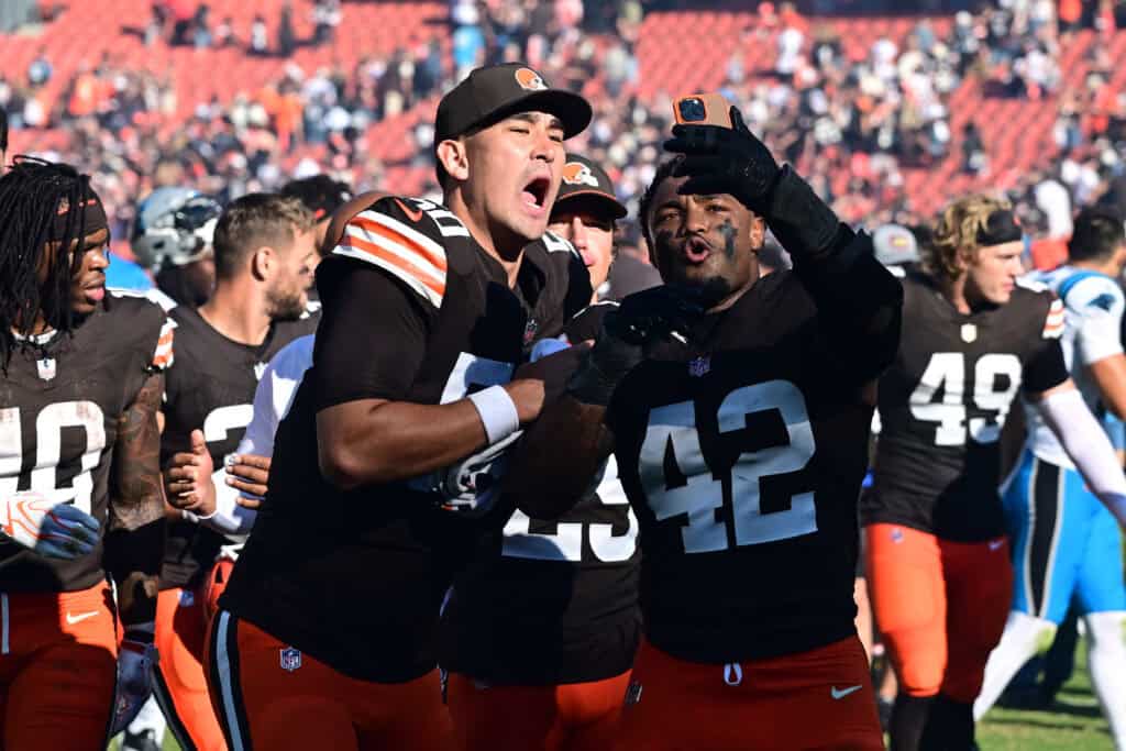 CLEVELAND, OHIO - SEPTEMBER 27: Rex Sunahara #50 and Easton Mascarenas-Arnold #42 of the Cleveland Browns celebrate the 21-18 win against the Carolina Panthers at Huntington Bank Field on September 27, 2026 in Cleveland, Ohio.