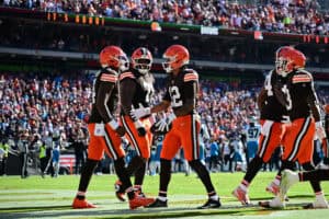 CLEVELAND, OHIO - SEPTEMBER 27: Denzel Boston #12 of the Cleveland Browns is congratulated by his teammates after scoring a two point conversion reception against the Carolina Panthers during the fourth quarter at Huntington Bank Field on September 27, 2026 in Cleveland, Ohio.