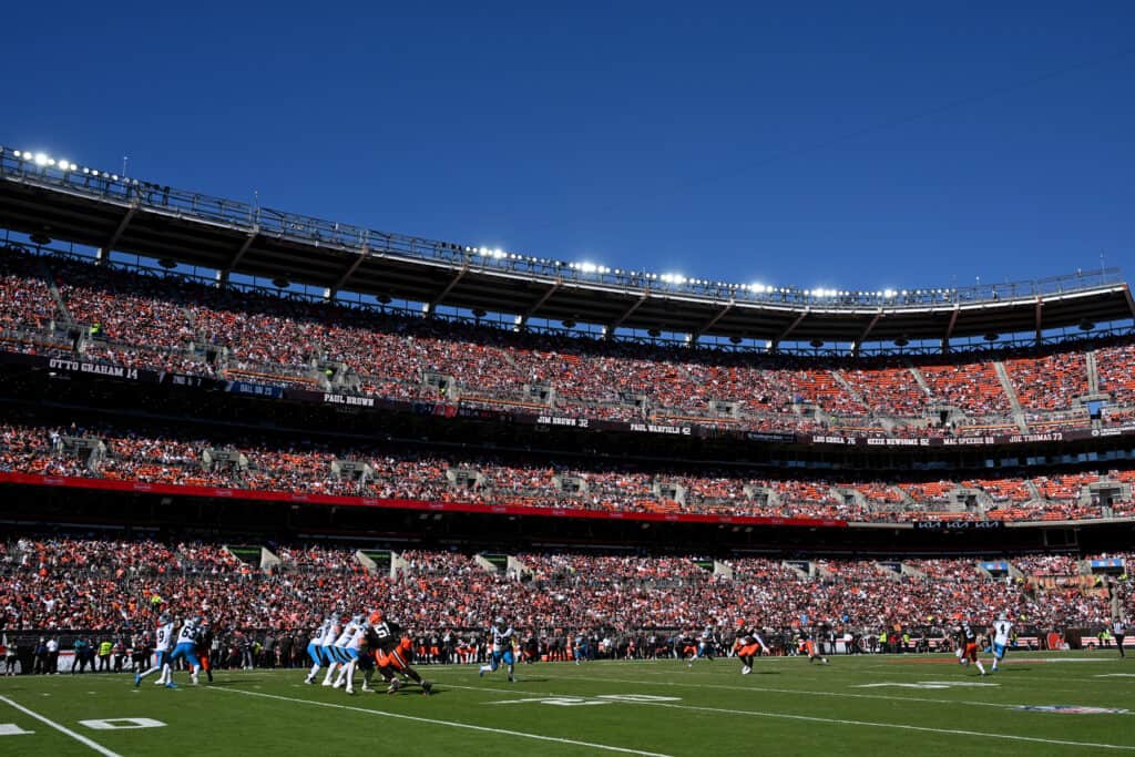 CLEVELAND, OHIO - SEPTEMBER 27: Bryce Young #9 of the Carolina Panthers attempts a pass against the Cleveland Browns during the third quarter at Huntington Bank Field on September 27, 2026 in Cleveland, Ohio.