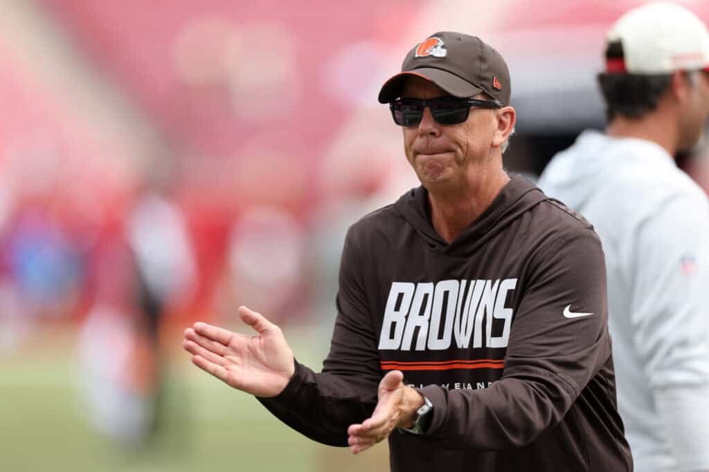 TAMPA, FLORIDA - SEPTEMBER 20: Head Coach Todd Monken of the Cleveland Browns looks on during warm ups prior to the game against the Tampa Bay Buccaneers at Raymond James Stadium on September 20, 2026 in Tampa, Florida.