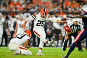 CLEVELAND, OHIO - AUGUST 27: Andre Szmyt #25 of the Cleveland Browns kicks a 35-yard field goal in the first quarter of a preseason game against the New England Patriots at Huntington Bank Field on August 27, 2026, in Cleveland, Ohio.