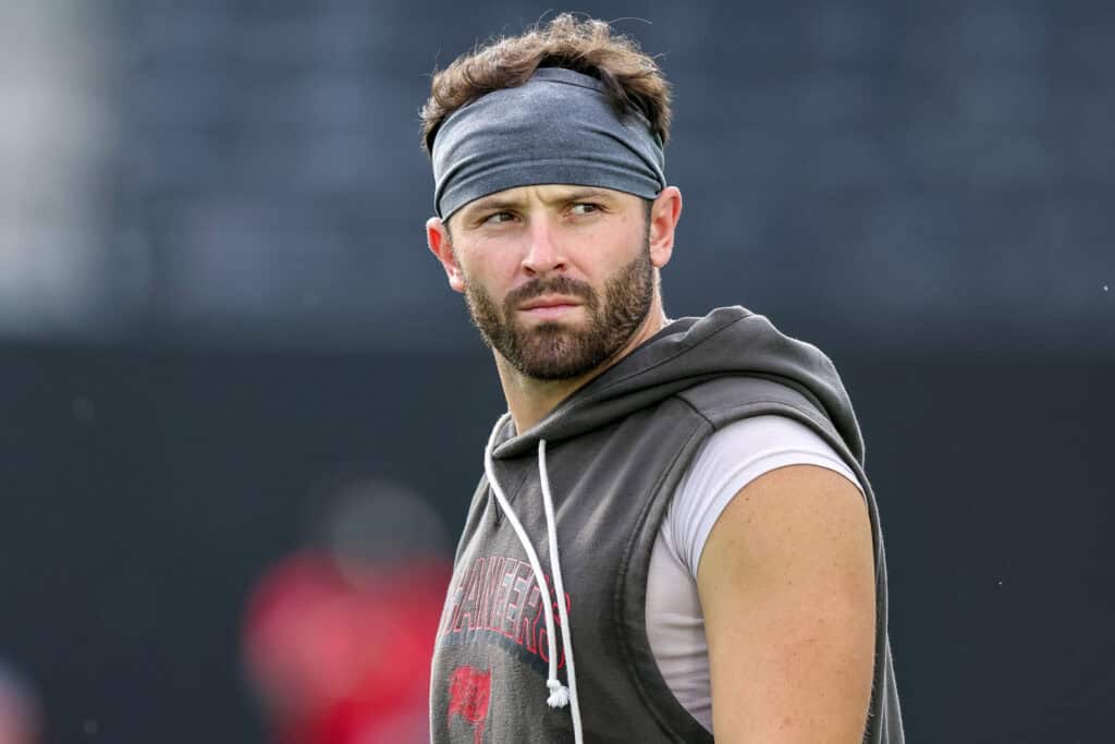 JACKSONVILLE, FLORIDA - AUGUST 28: Baker Mayfield #6 of the Tampa Bay Buccaneers warms up prior to a preseason game against the Tampa Bay Buccaneers at EverBank Field on August 28, 2026 in Jacksonville, Florida.