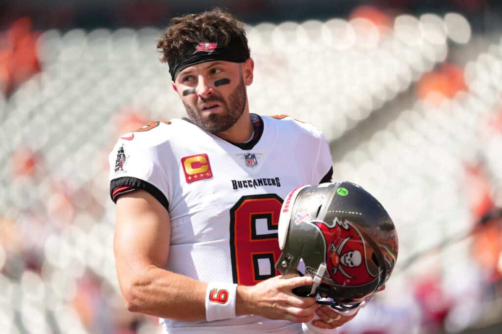 CINCINNATI, OHIO - SEPTEMBER 13: Baker Mayfield #6 of the Tampa Bay Buccaneers looks on during warm ups prior to the game at Paycor Stadium on September 13, 2026 in Cincinnati, Ohio.