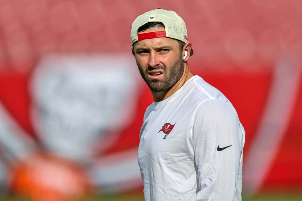 TAMPA, FLORIDA - AUGUST 22: Baker Mayfield #6 of the Tampa Bay Buccaneers warms up prior to a preseason game against the Kansas City Chiefs at Raymond James Stadium on August 22, 2026 in Tampa, Florida.