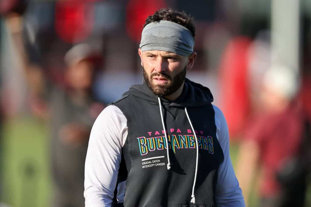 TAMPA, FLORIDA - AUGUST 9: Baker Mayfield #6 of the Tampa Bay Buccaneers warms up during training camp at AdventHealth Training Center on August 9, 2026 in Tampa, Florida.