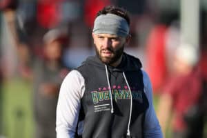 TAMPA, FLORIDA - AUGUST 9: Baker Mayfield #6 of the Tampa Bay Buccaneers warms up during training camp at AdventHealth Training Center on August 9, 2026 in Tampa, Florida.