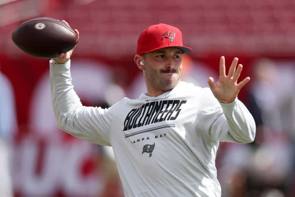 TAMPA, FLORIDA - SEPTEMBER 20: Baker Mayfield #6 of the Tampa Bay Buccaneers warms up prior to the game against the Cleveland Browns at Raymond James Stadium on September 20, 2026 in Tampa, Florida.
