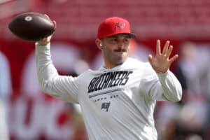 TAMPA, FLORIDA - SEPTEMBER 20: Baker Mayfield #6 of the Tampa Bay Buccaneers warms up prior to the game against the Cleveland Browns at Raymond James Stadium on September 20, 2026 in Tampa, Florida.