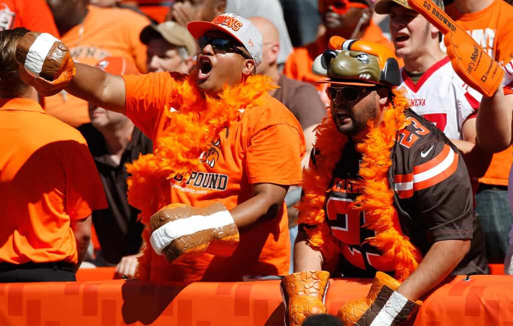 CLEVELAND, OH - SEPTEMBER 20: Cleveland fans cheer during a game between the Tennessee Titans and the Tennessee Titans at FirstEnergy Stadium on September 20, 2015 in Cleveland, Ohio. Cleveland won the game 28-14.