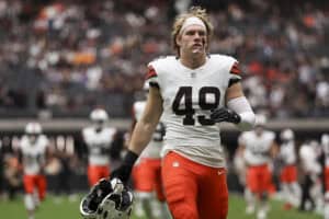 LAS VEGAS, NEVADA - NOVEMBER 23: Carson Schwesinger #49 of the Cleveland Browns looks on before a game against the Las Vegas Raiders at Allegiant Stadium on November 23, 2025 in Las Vegas, Nevada.