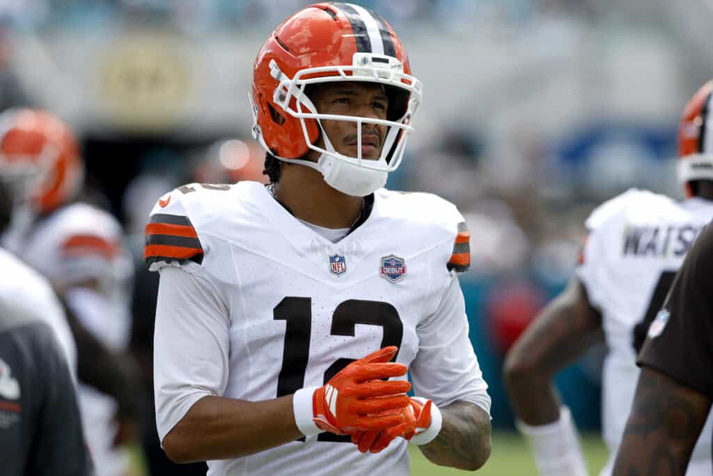 JACKSONVILLE, FLORIDA - SEPTEMBER 13: Denzel Boston #12 of the Cleveland Browns looks on against the Jacksonville Jaguars during the second quarter of the game at EverBank Stadium on September 13, 2026 in Jacksonville, Florida.