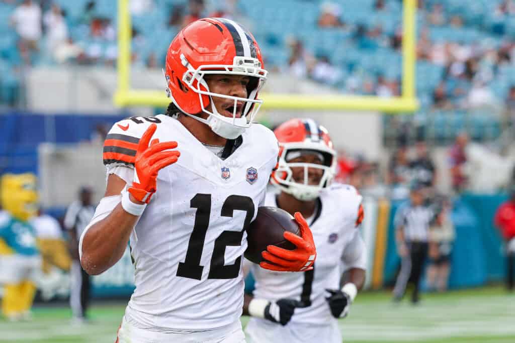 JACKSONVILLE, FLORIDA - SEPTEMBER 13: Denzel Boston #12 of the Cleveland Browns celebrates after scoring a touchdown against the Jacksonville Jaguars during the fourth quarter of the game at EverBank Stadium on September 13, 2026 in Jacksonville, Florida.