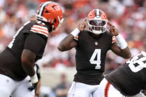 TAMPA, FLORIDA - SEPTEMBER 20: Deshaun Watson #4 of the Cleveland Browns reacts against the Tampa Bay Buccaneers during the first half of the game at Raymond James Stadium on September 20, 2026 in Tampa, Florida.