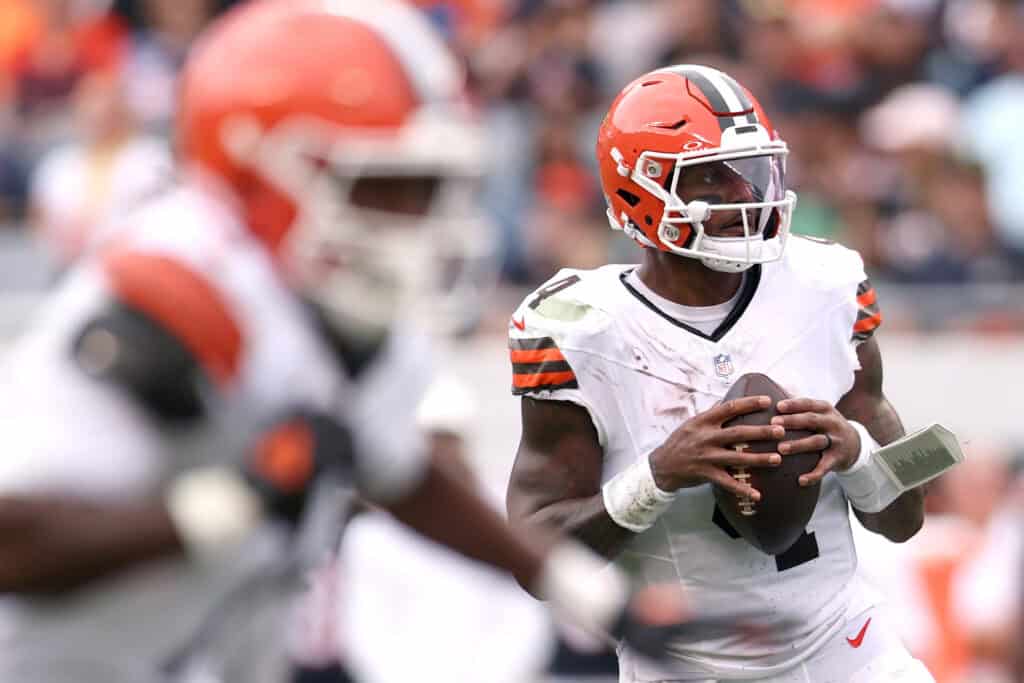 CHICAGO, ILLINOIS - AUGUST 15: Deshaun Watson #4 of the Cleveland Browns drops back during the first quarter of the preseason game against the Chicago Bears at Soldier Field on August 15, 2026 in Chicago, Illinois.