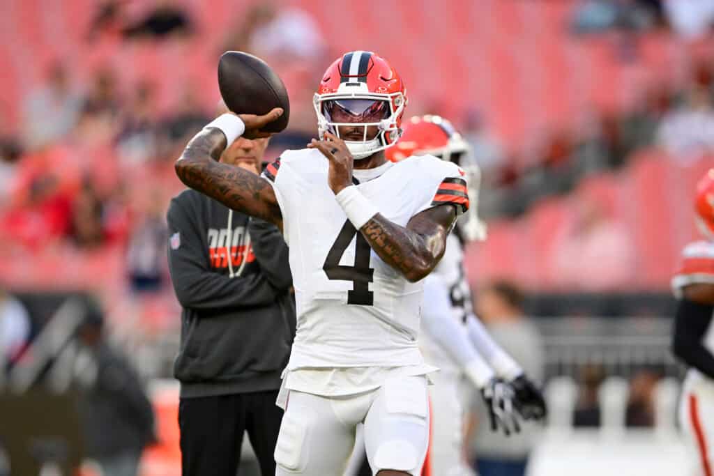 CLEVELAND, OHIO - AUGUST 27: Deshaun Watson #4 of the Cleveland Browns warms up prior to a preseason game against the New England Patriots at Huntington Bank Field on August 27, 2026 in Cleveland, Ohio.
