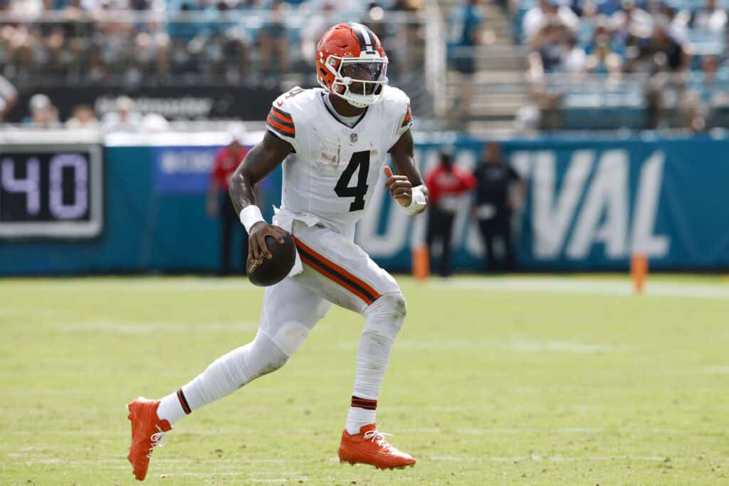 JACKSONVILLE, FLORIDA - SEPTEMBER 13: Deshaun Watson #4 of the Cleveland Browns runs with the ball against the Jacksonville Jaguars during the third quarter of the game at EverBank Stadium on September 13, 2026 in Jacksonville, Florida.